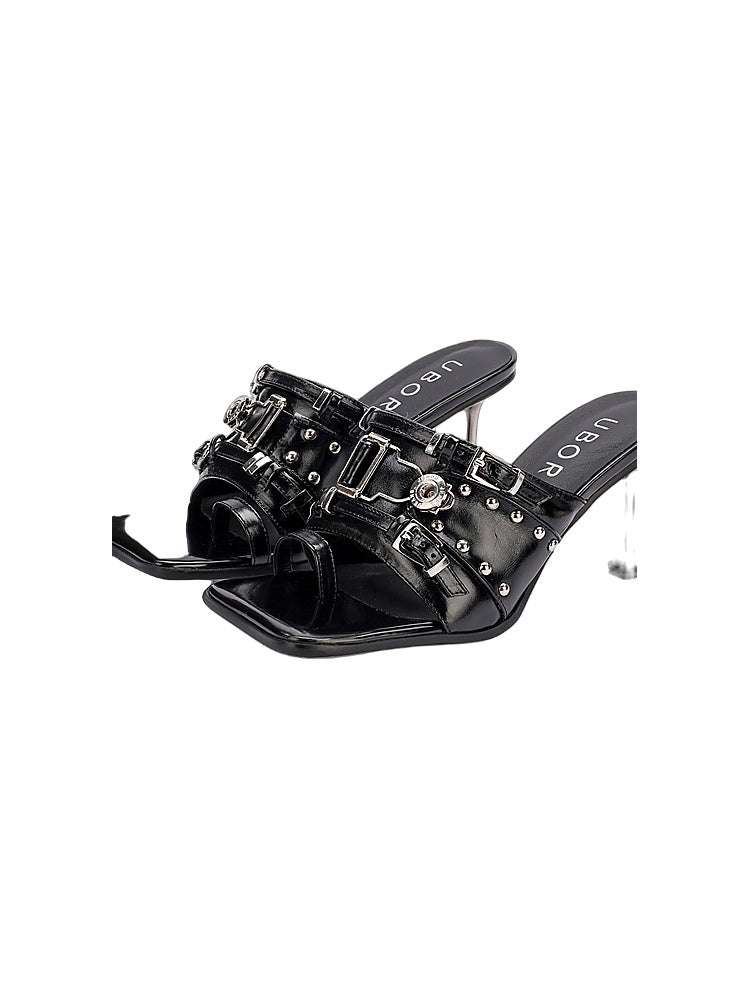UBORYA Punk-Style Stiletto Sandals with Openwork Metal Accents, Perfect for Wearing with Skirts—Easy-to-Wear, Chunky-Heeled Sandals