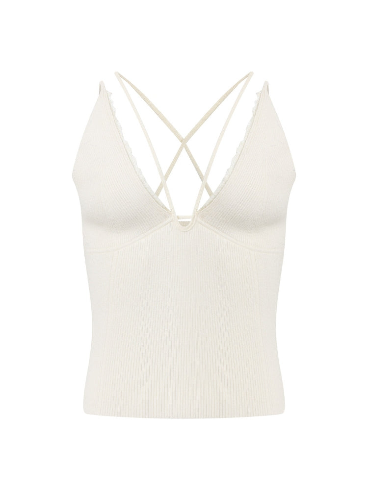 CNLEEWEI Women's Lace-Panel Deep V-Neck Knit-Textured Tank Cardigan Set