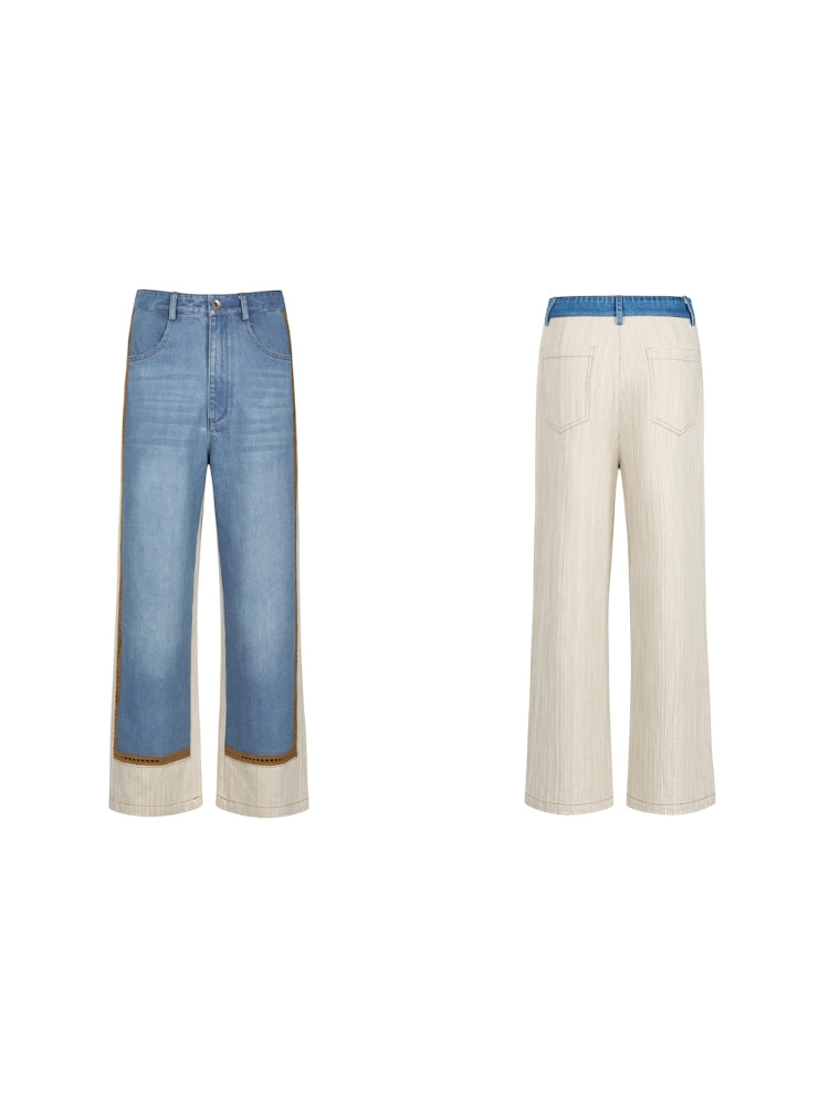 Patchwork Denim High-Waisted Straight-Leg Long Pants for Women by Boxi