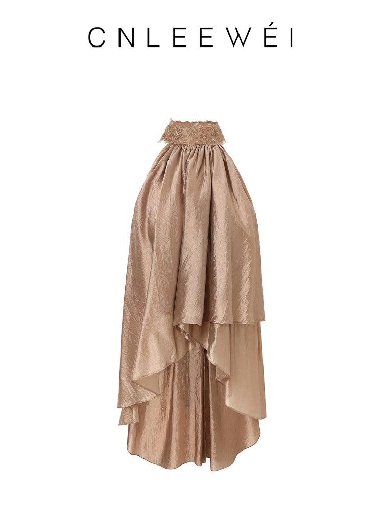 CNLEEWEI Shimmering Lace-Trimmed, Slightly Sheer, Gold-Toned, Asymmetrical Layered Top for Women