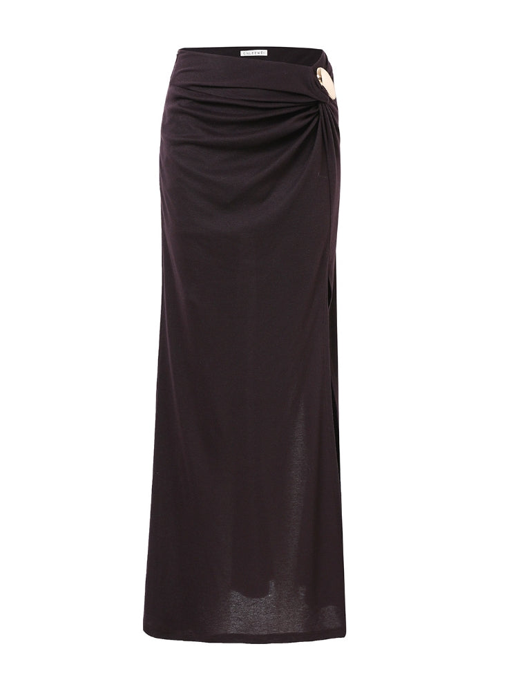 CNLEEWEI Detachable Metal Buckle Twisted Split-Front Knit Skirt