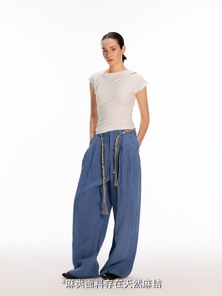 Dpercent Light Blue Vintage-Washed Adjustable-Waist Mid-Rise Loose-Fit, Slimming Wide-Leg Denim Shorts