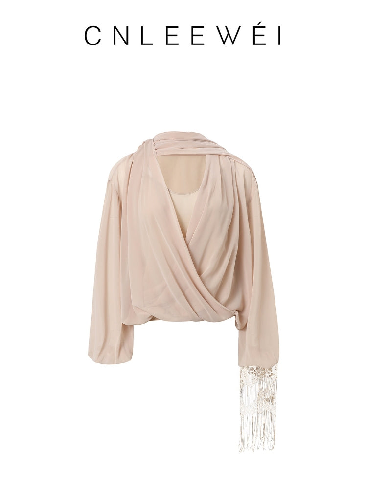 CNLEEWEI Two-Piece Fringed Sheer Chiffon Top