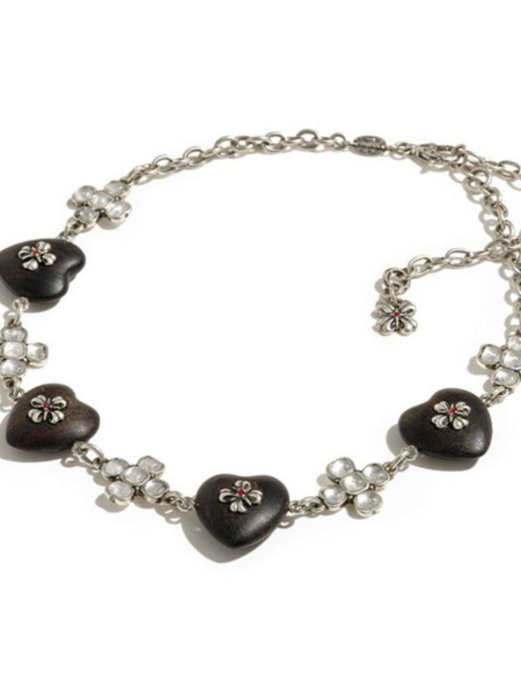 tokokkino “Wood and Crystal” Purple Sandalwood Butterfly Flower Heart-Shaped Short Necklace