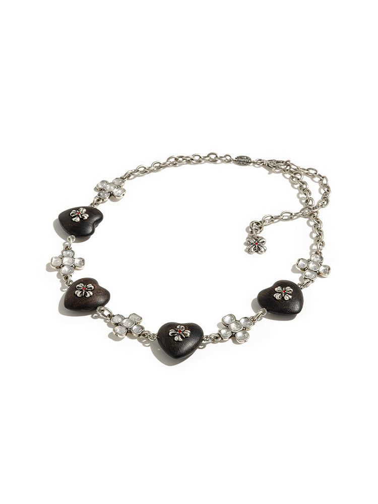 tokokkino “Wood and Crystal” Purple Sandalwood Butterfly Flower Heart-Shaped Short Necklace