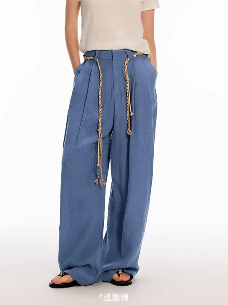 OZA GLOBAL FASHION DESIGNER BRAND 100% Linen, Yeast-Washed Textured Pleated Loose-Fit Wide-Leg Casual Trousers