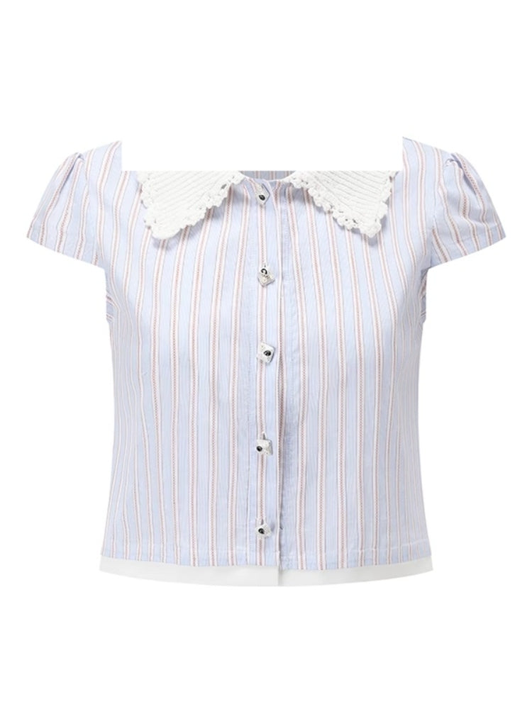 SHROENRO New Arrival: Striped Lace Peter Pan Collar Blouse and High-Waisted Midi Skirt Set – A Fashionable, Girly Ensemble