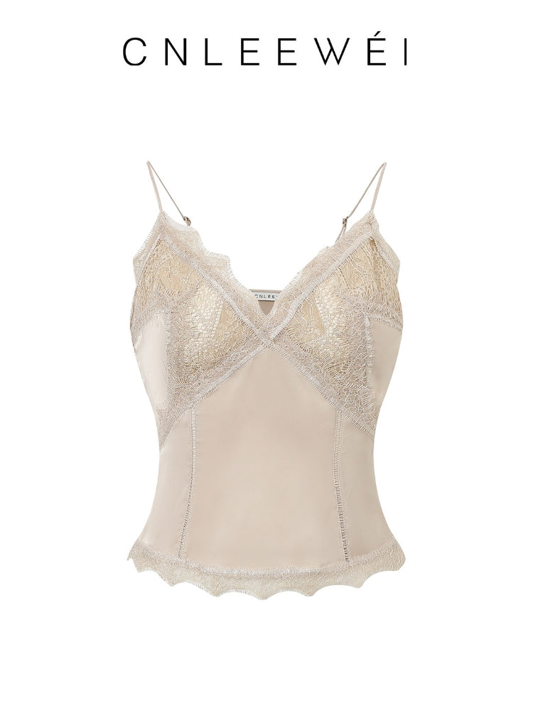 CNLEEWEI Lace-Trimmed Satin Halter Top for Women