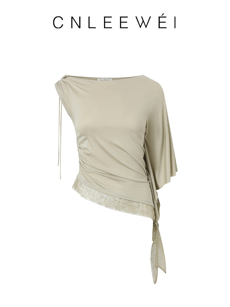 CNLEEWEI Women's Simple and Versatile Short Off-the-Shoulder Asymmetrical Lace-Trimmed Top