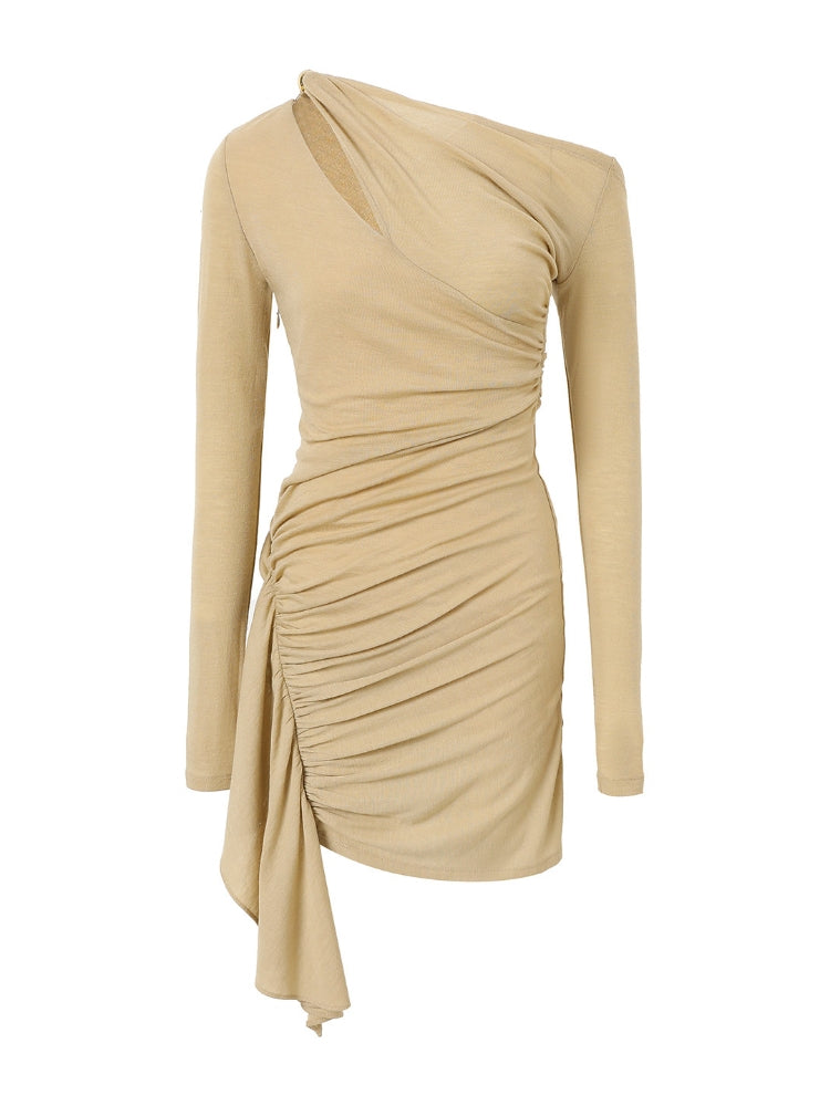 CNLEEWEI Metallic Bead Off-the-Shoulder Pleated Knit Mini Dress