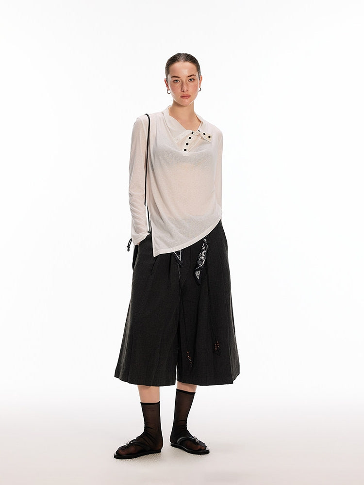 Dpercent Tencel-Linen Blend Color-Blocked Multi-Button Lightweight T-Shirt with Asymmetrical Hem