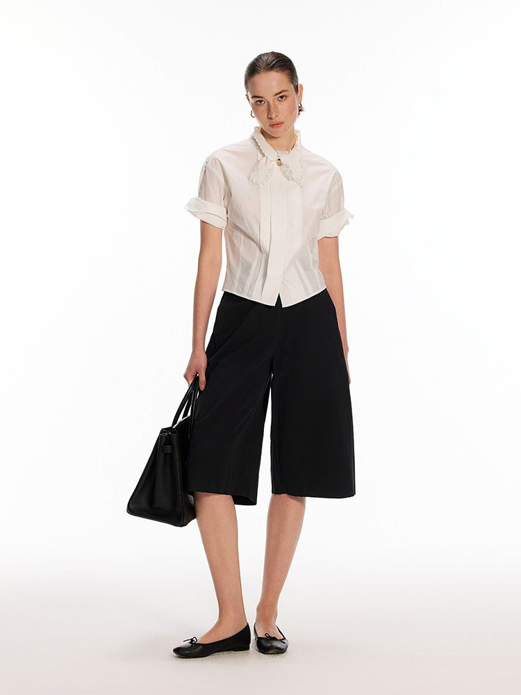 White Shirt with Embroidered Sash, Tuck Pleats, and Rolled Sleeves in a 50% Wool Blend with a Slightly Crinkled Texture