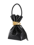 CNLEEWEI Rose-Patterned Genuine Leather Pleated Handbag with Metal Buckle