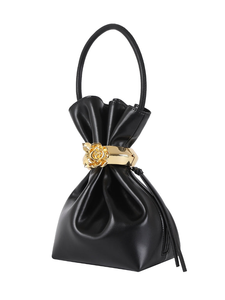 CNLEEWEI Rose-Patterned Genuine Leather Pleated Handbag with Metal Buckle