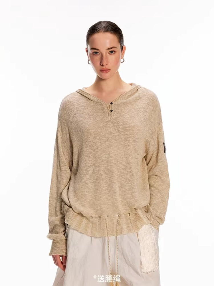 Dpercent Tencel-Linen Blend Color-Blocked Multi-Button Lightweight T-Shirt with Asymmetrical Hem