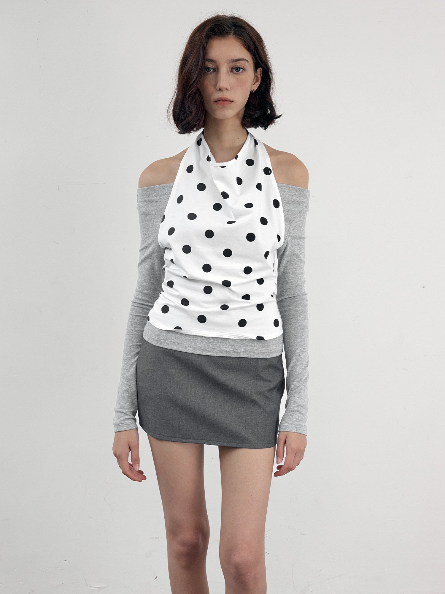 2AM POETRY Polka Dot Shirt: Two-Piece-Style Polka Dot Patchwork Halter-Neck Off-the-Shoulder Long-Sleeve T-Shirt