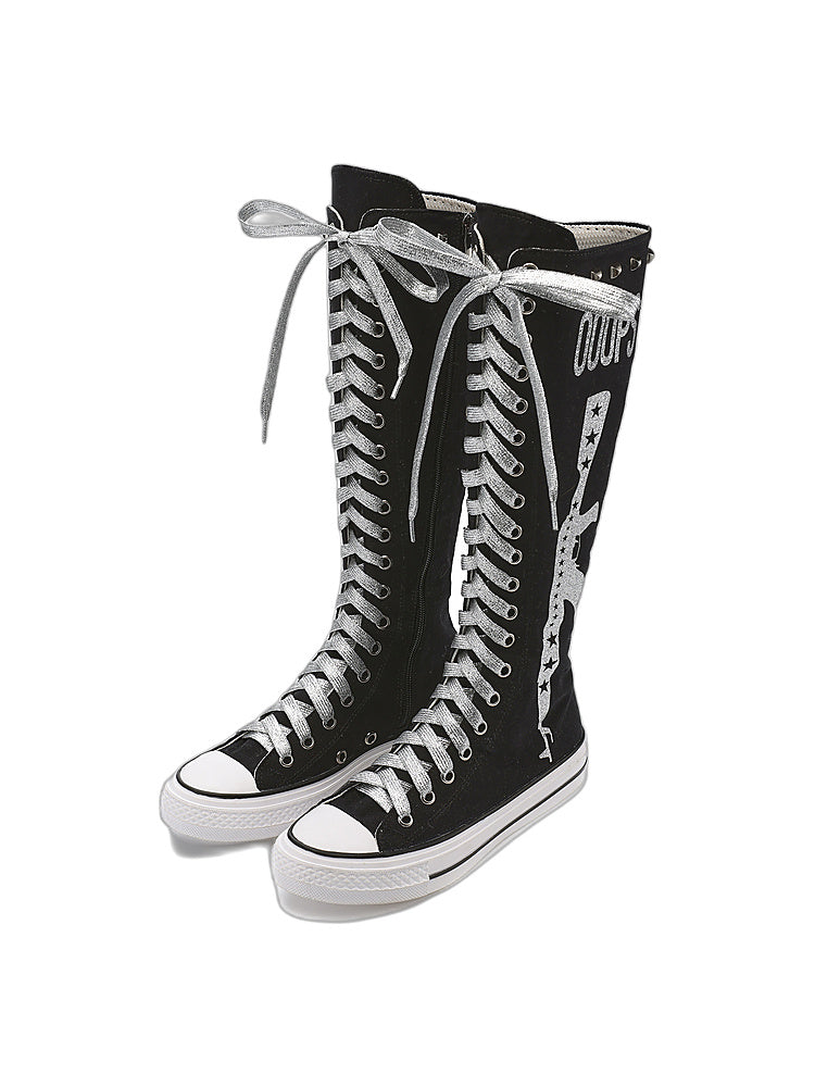 Studded Graphic Canvas Knee-High Flat Boots