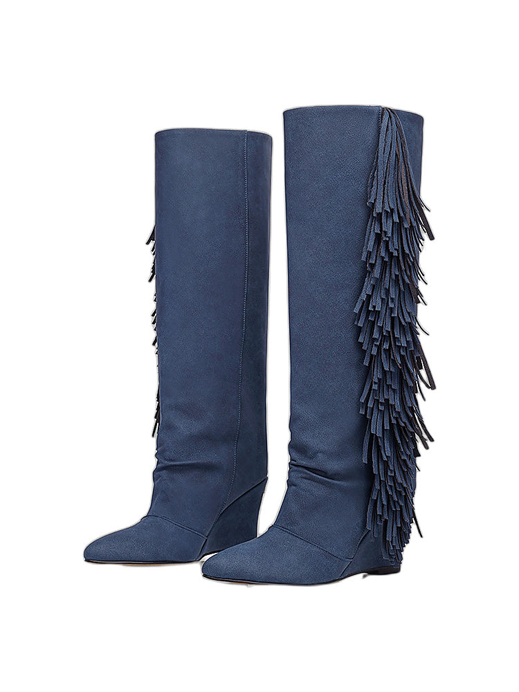 Western Fringe Wedge Knee-High Boots