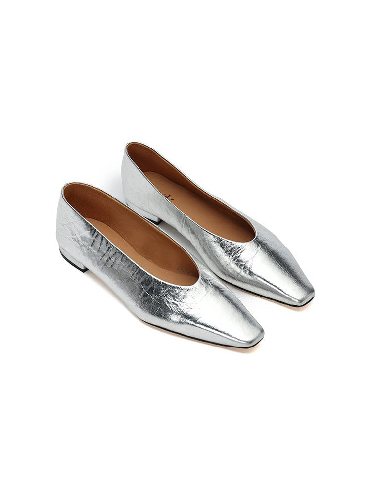 Metallic Square-Toe Leather Ballet Flats