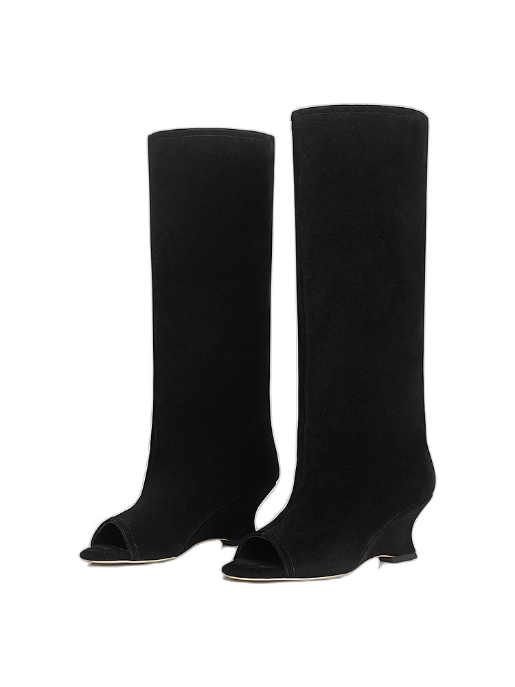 Peep-Toe Wedge Knee-High Boots