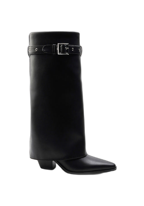 Calfskin Fold-Over Knee High Boots 6.5CM Block Heel Pointed Toe Adjustable Buckle Strap Western Tall Boots