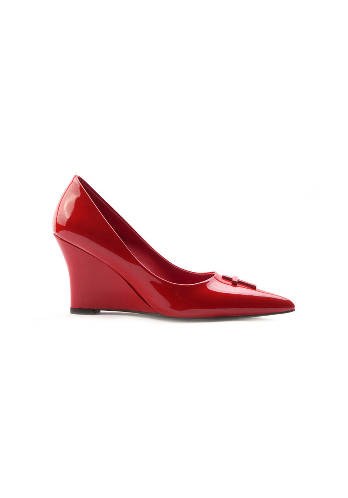 Patent Leather Cross Decor Wedge Pumps 8CM Pointed Toe Gothic Wedge Heel Dress Shoes