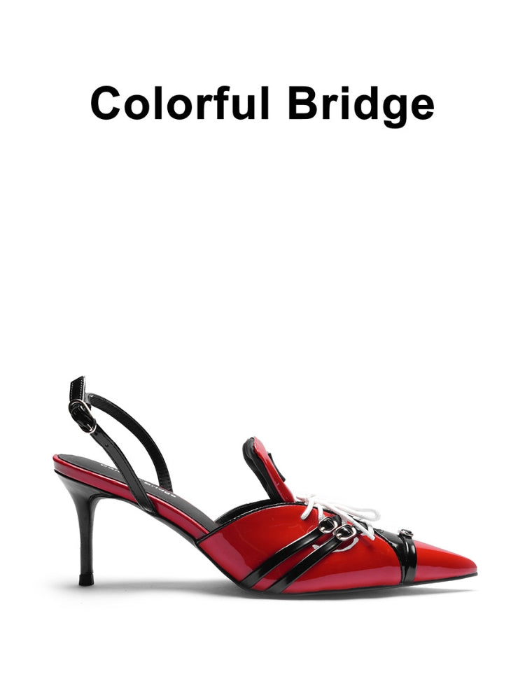 Racing-inspired Designer Sporty High-Heel Pointed-Toe Black Sandals