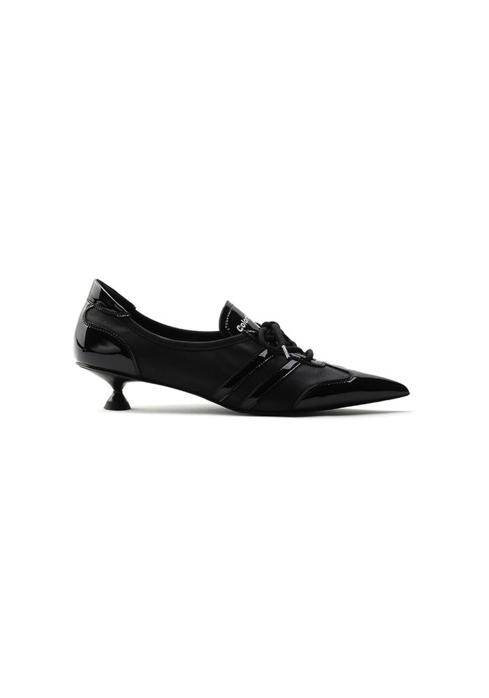 Silvertrail" Metallic Silver Cow Leather Lace-Up Pointed Toe Low Kitten Heel Derby Pumps 3.5CM Futuristic Avant-Garde Dress Shoes