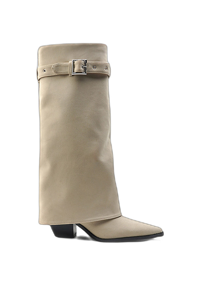 Calfskin Fold-Over Knee High Boots 6.5CM Block Heel Pointed Toe Buckle Strap Western Tall Boots
