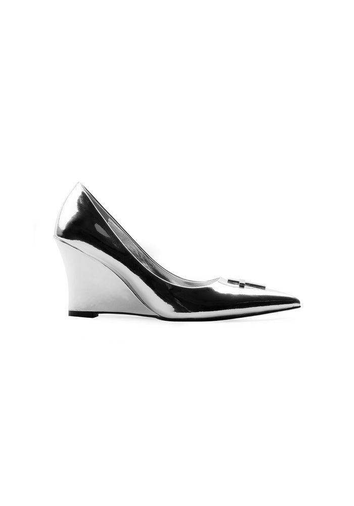 Bright Red Patent Leather Cross Wedge Pumps 8CM Curved Wedge Heel Pointed Toe Designer Slip-On Heels