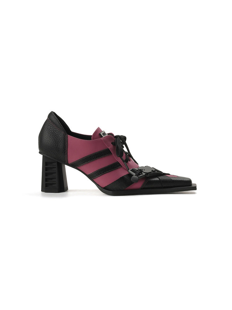 Contrast Lace-Up Block Heel Pumps