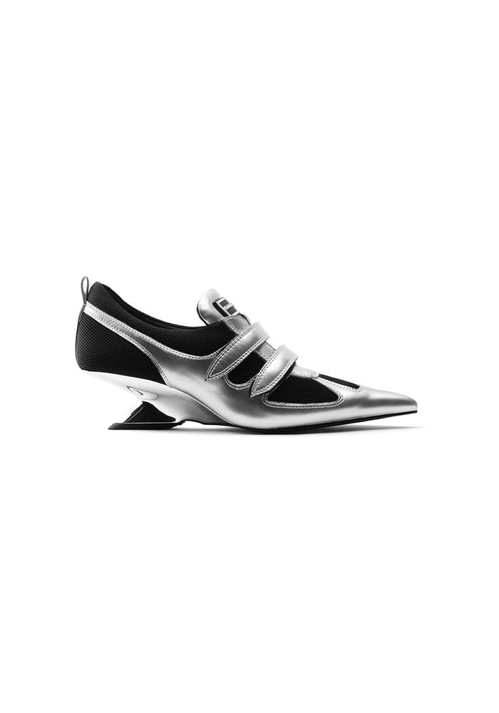 Patent & Mesh Hybrid Pointed Toe Wedge Pumps 5CM Futuristic Avant-Garde Velcro Strap Designer Heels