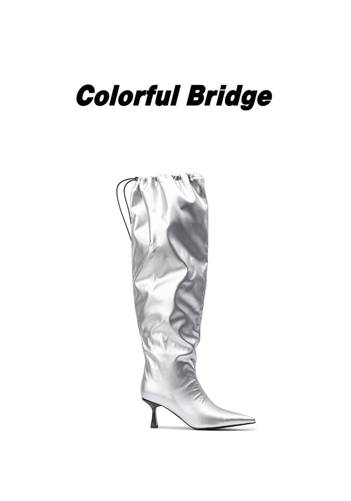 "Nightveil" Matte Leather Drawstring Knee-High Stiletto Boots 6.5CM Sculpted Heel Avant-Garde Pointed Tall Boots