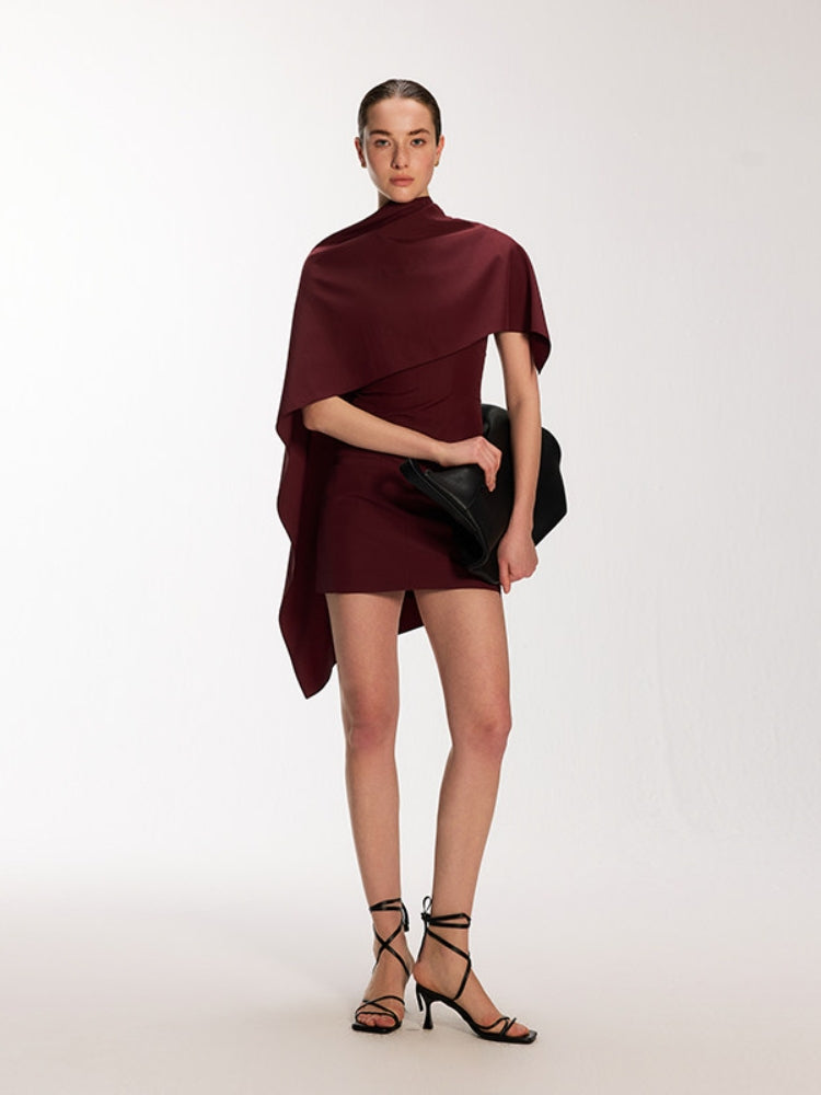 Dpercent Acetate Two-Tone Detachable Asymmetrical Shawl Modern Polka-Dot Tank Dress