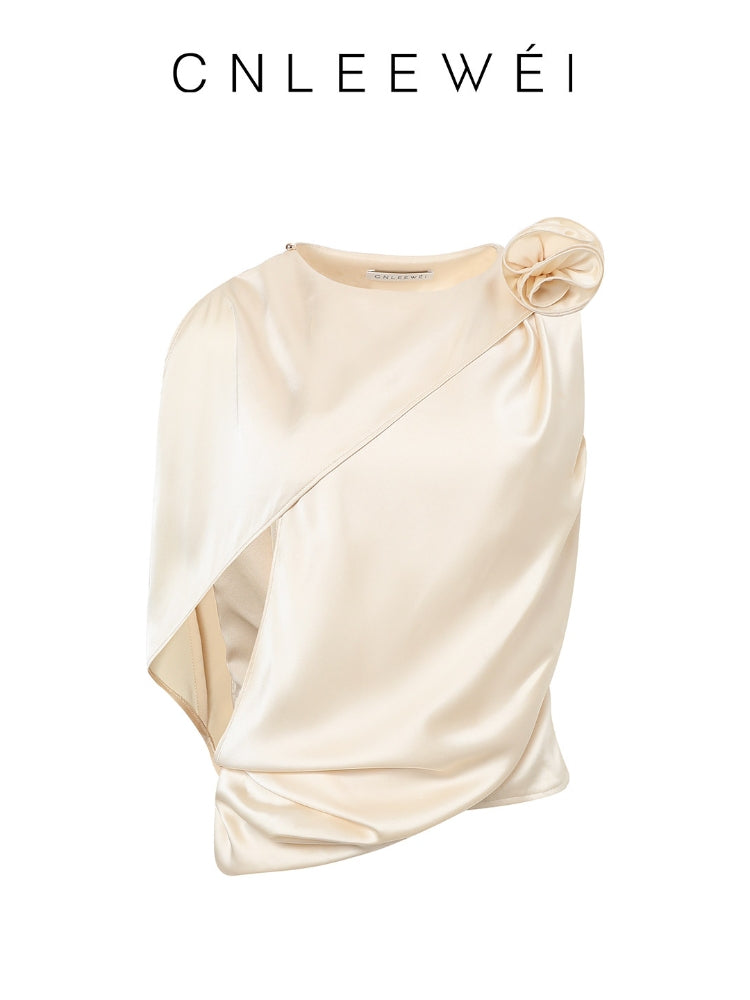 CNLEEWEI Luxury Detachable Floral Cape-Style Pleated Satin Blouse