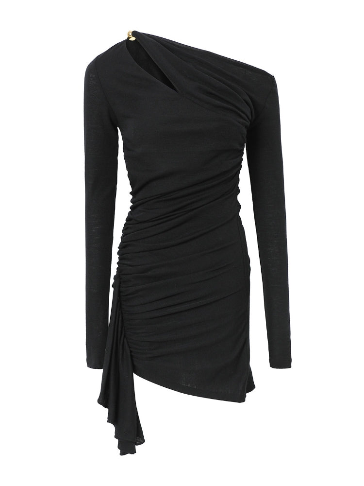 CNLEEWEI Metallic Bead Off-the-Shoulder Pleated Knit Mini Dress