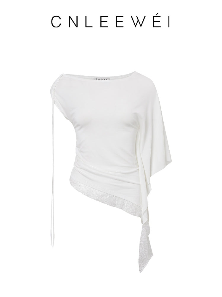CNLEEWEI Women's Simple and Versatile Short Off-the-Shoulder Asymmetrical Lace-Trimmed Top