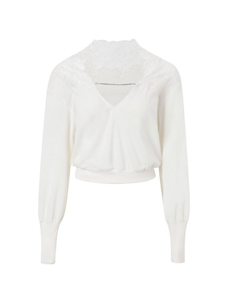 CNLEEWEI V-neck Lace-Embroidered Reversible Knit Top