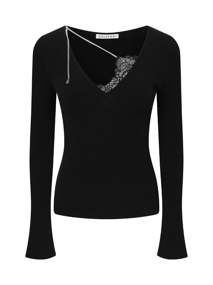 CNLEEWEI Lace V-Neck Chain-Detail Flared-Sleeve Knit Top