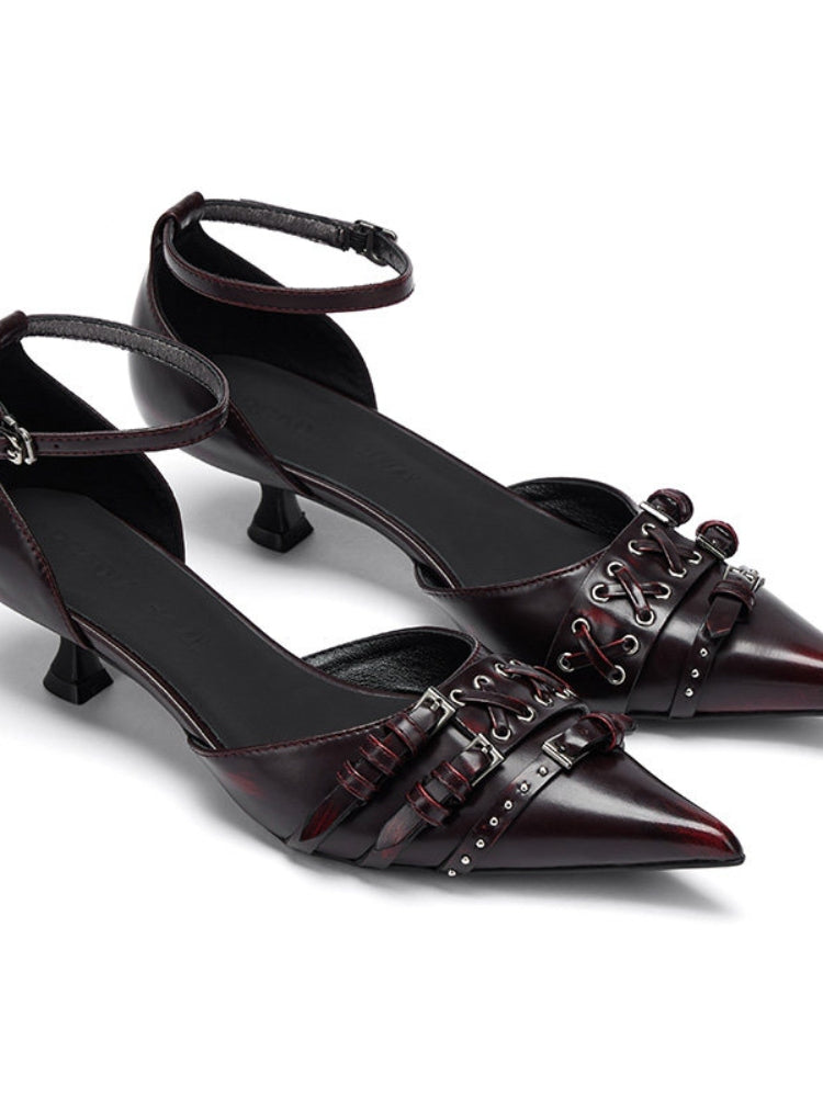 Arcadiagyal Original Design Black Burgundy Antique Finish Punk Pointed Toe Ankle Strap Kitten Heel High Heels