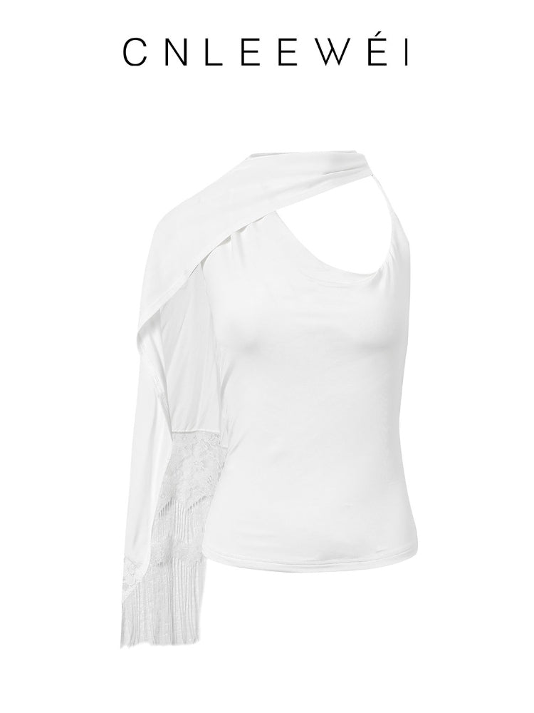 CNLEEWEI Women's Off-the-Shoulder Spaghetti-Strap Tank Top with Lace and Fringe Accents