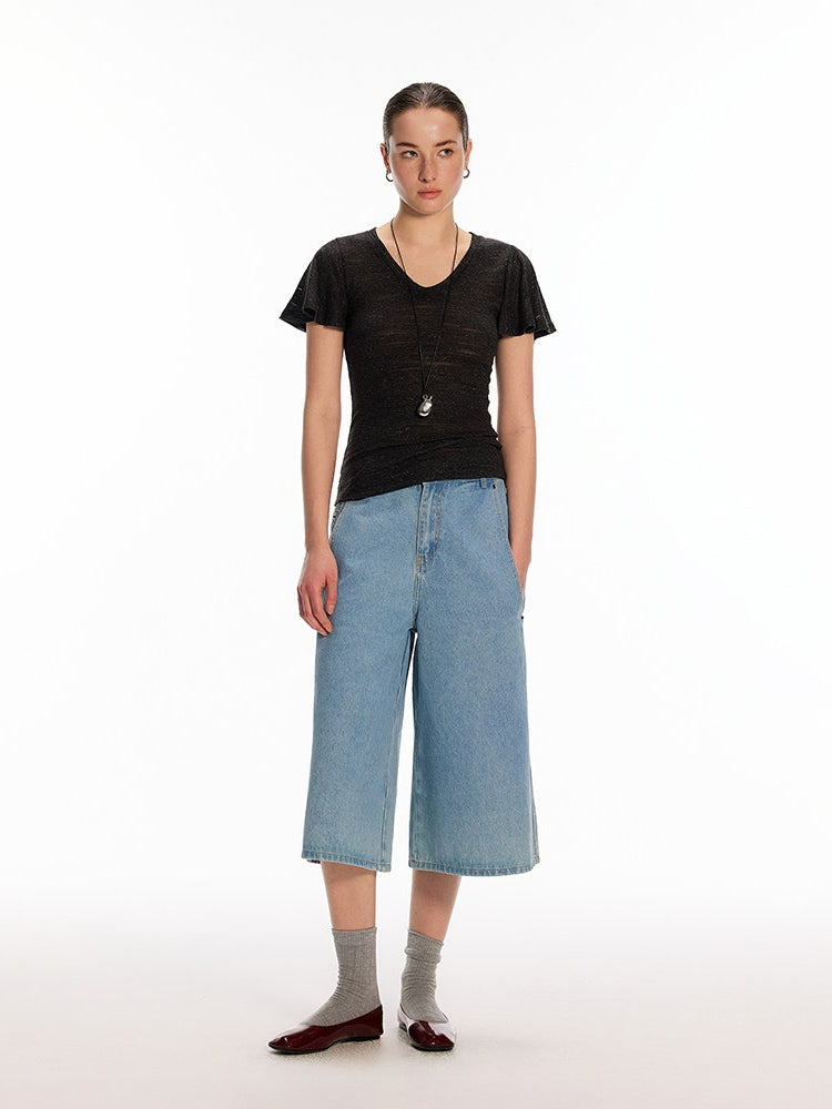 Dpercent Light Blue Vintage-Washed Adjustable-Waist Mid-Rise Loose-Fit, Slimming Wide-Leg Denim Shorts