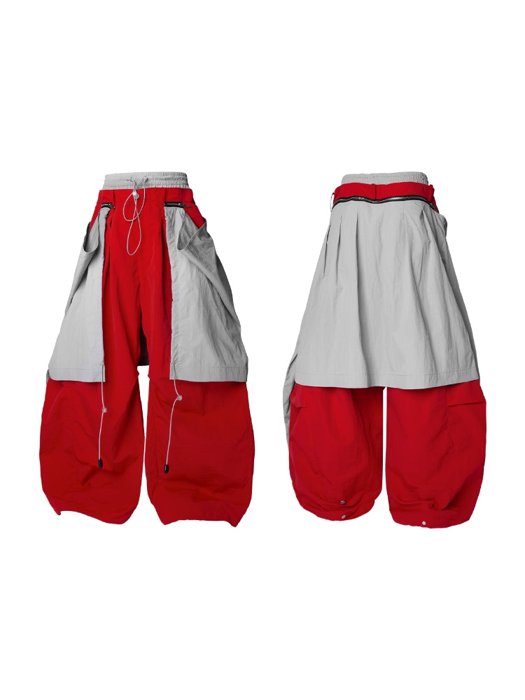 Spatial Relationship (Layered) Double-Waistband Nylon Detachable Back Panel Loose Curved-Leg Silhouette Casual Pants