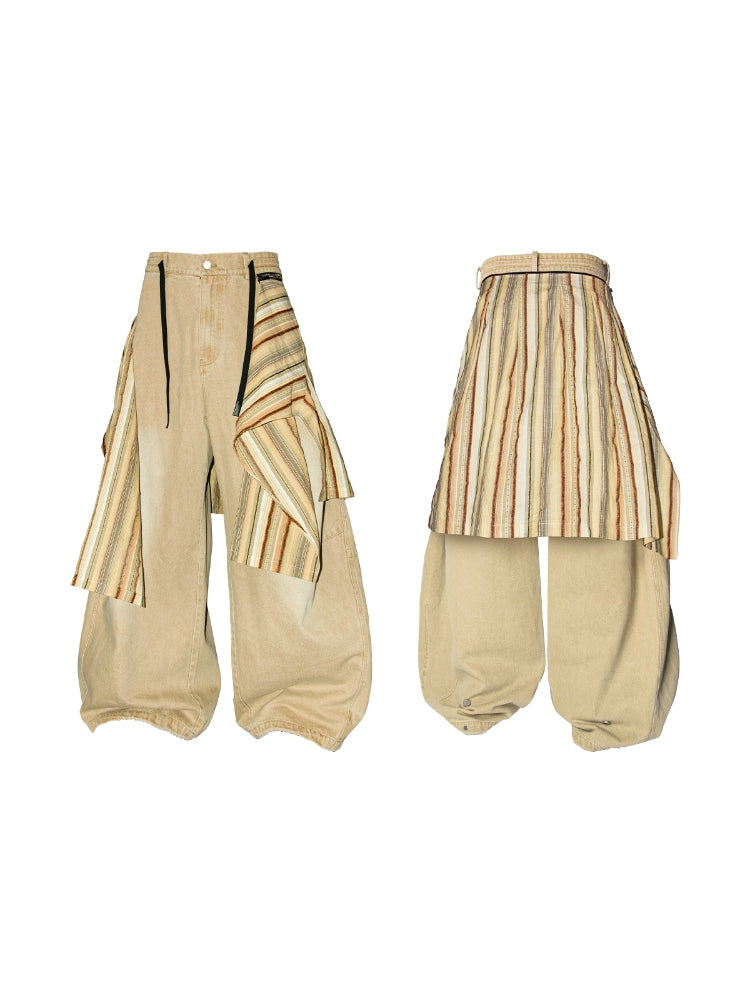 Spatial Relations (R) Multi-Color Striped Detachable Back Panel Oversized Washed Distressed Jeans