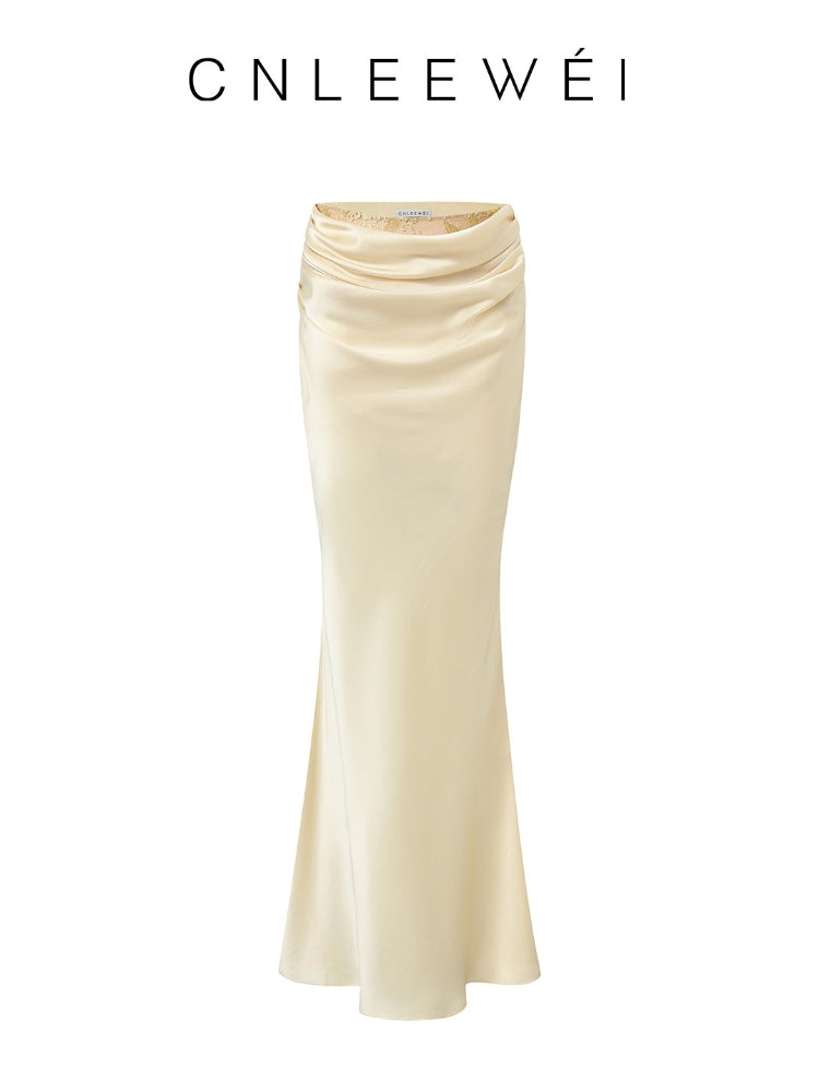CNLEEWEI Women's Sexy Acetate Lace-Panel Pleated Satin Fishtail Skirt
