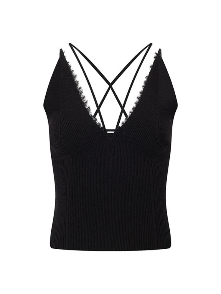 CNLEEWEI Women's Lace-Panel Deep V-Neck Knit-Textured Tank Cardigan Set
