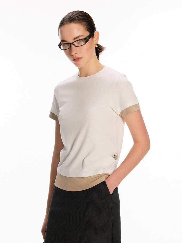 Dpercent Recycled Fiber Classic Casual Oversized Color-Block Breathable, Flattering Faux Two-Piece Crew Neck T-Shirt