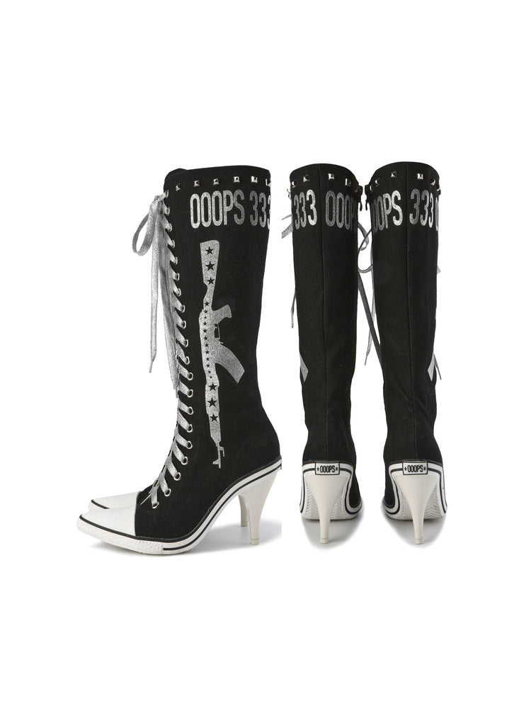 Ooops Studded Graphic Canvas Knee-High Heeled Boots - Black - OZA restored 20261006