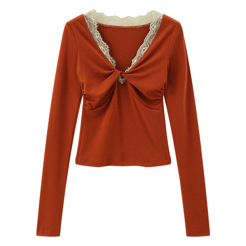 2AM POETRY Tencel Slimming, Waist-Defining, Straight-Shoulder Lace-Trimmed V-Neck Long-Sleeve T-Shirt