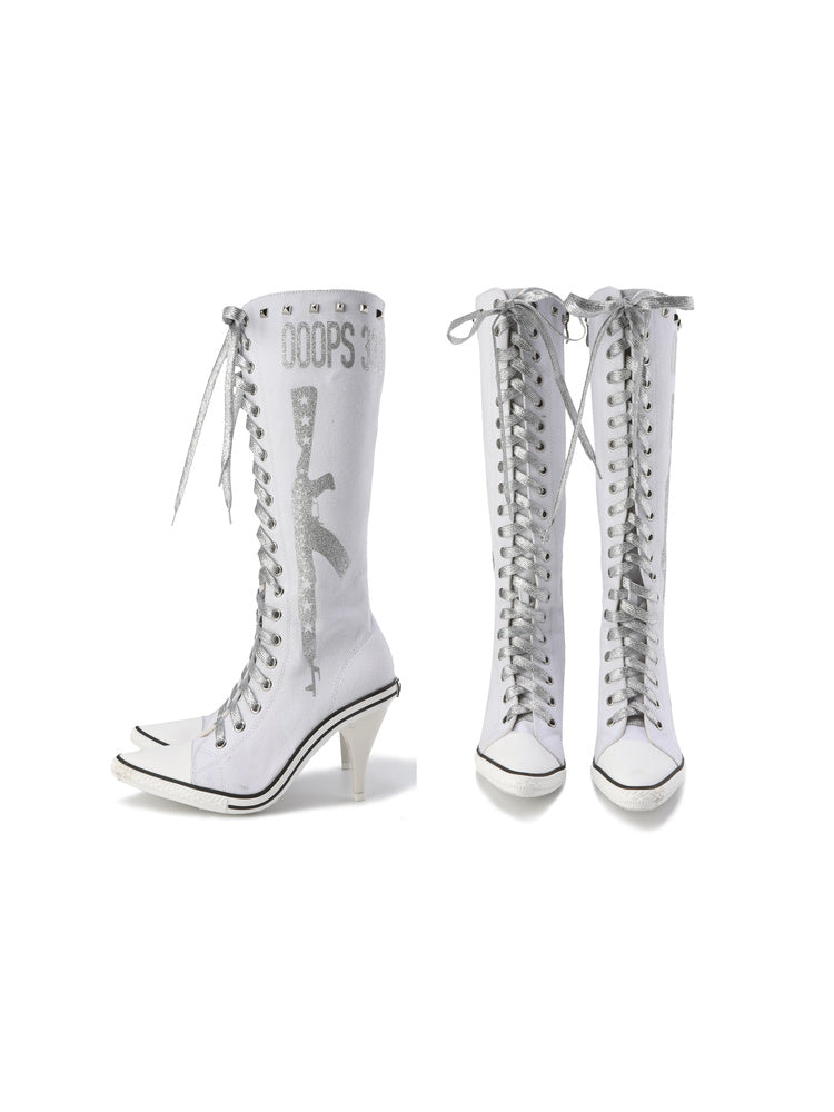 Studded Graphic Canvas Knee-High Heeled Boots